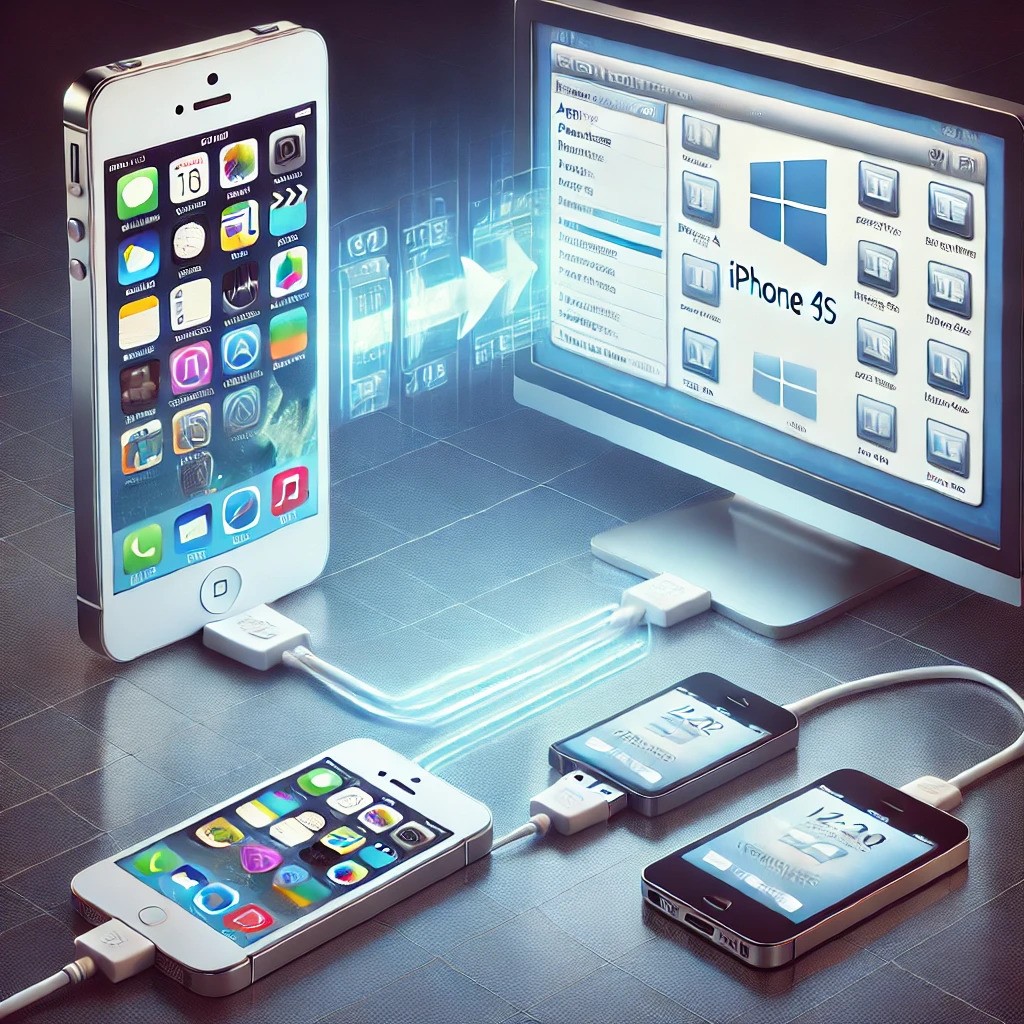 An image representing the process of transferring apps and purchases from an iPhone 4s to an iPhone 5s using a Windows PC